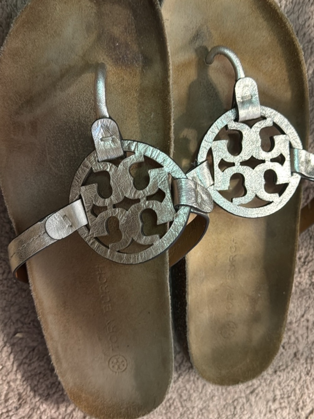 Tory Burch Metallic Logo Cutout Slides in Gold and Brown
